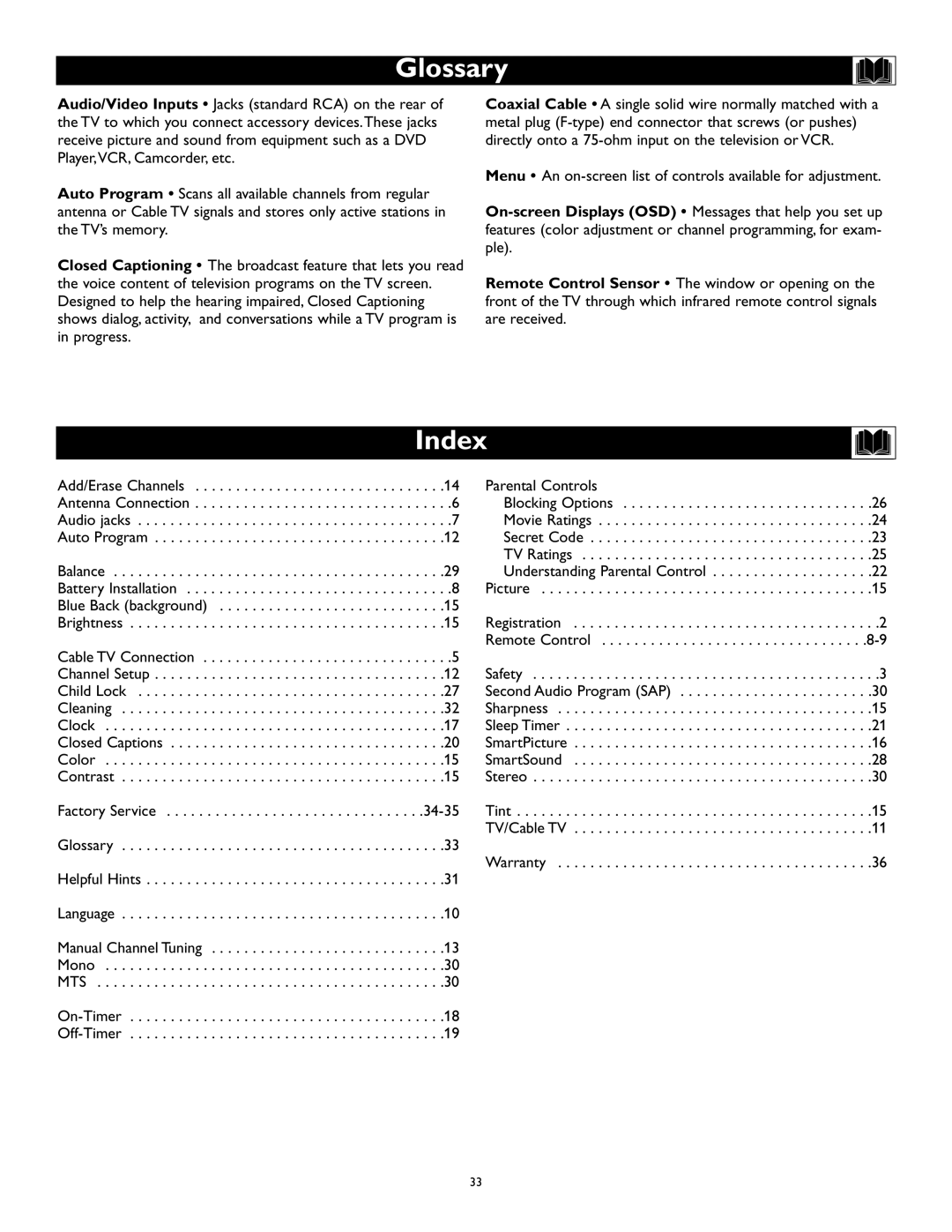 Magnavox 27MS343S owner manual Glossary, Index 