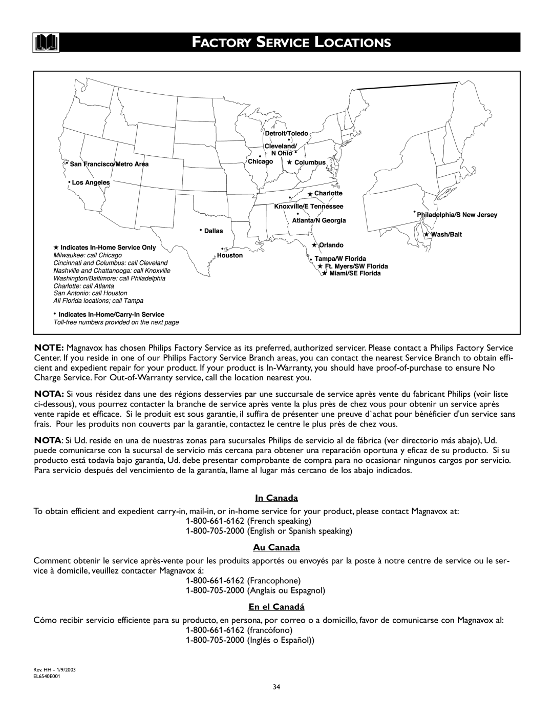 Magnavox 27MS343S owner manual Au Canada, En el Canadá 