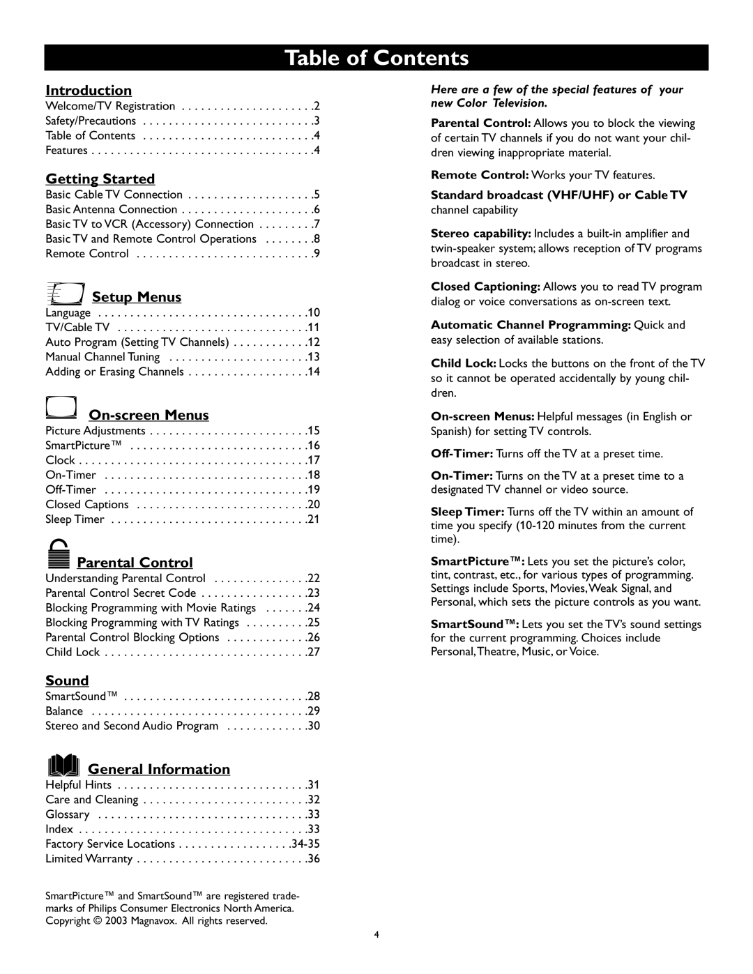 Magnavox 27MS343S owner manual Table of Contents 