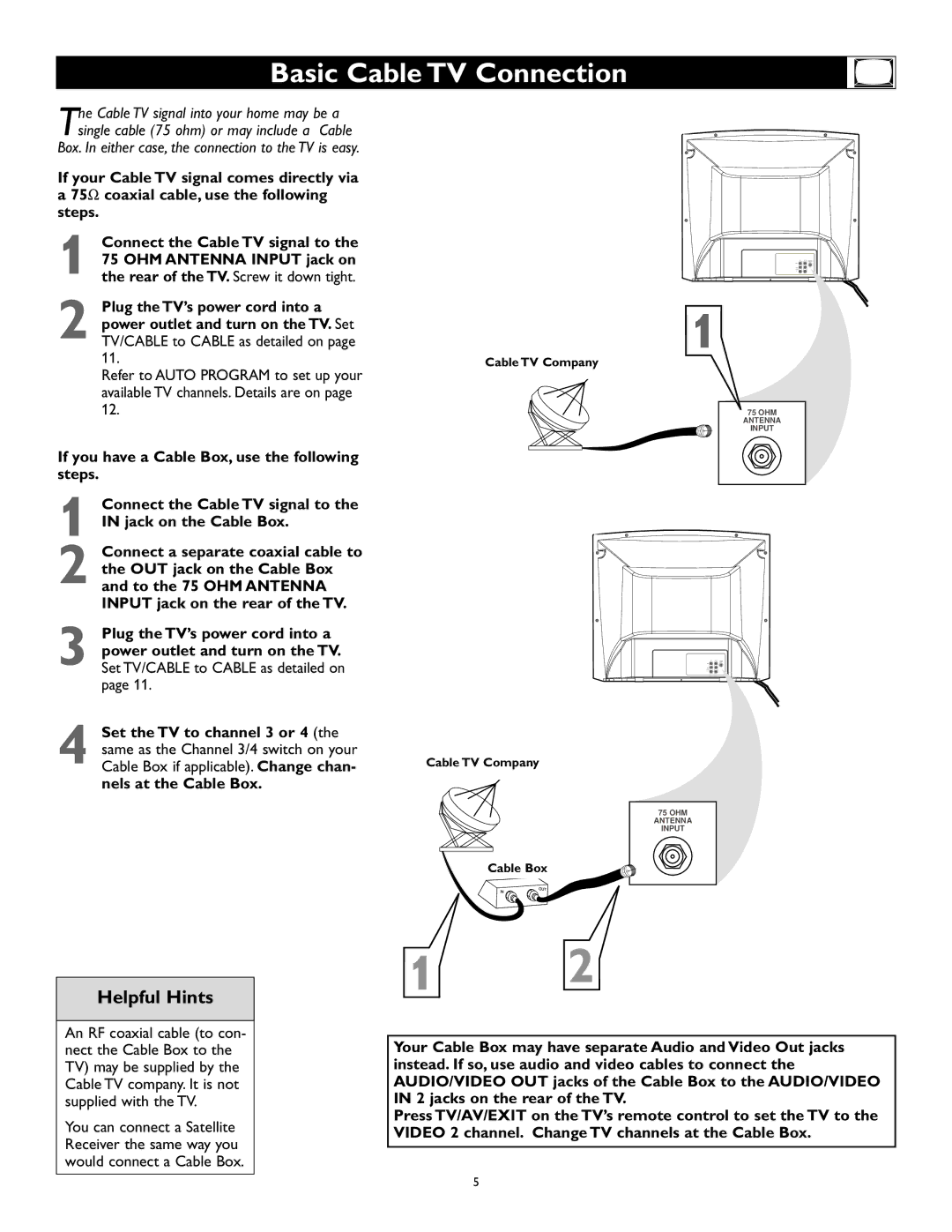 Magnavox 27MS343S owner manual Basic Cable TV Connection, Helpful Hints 