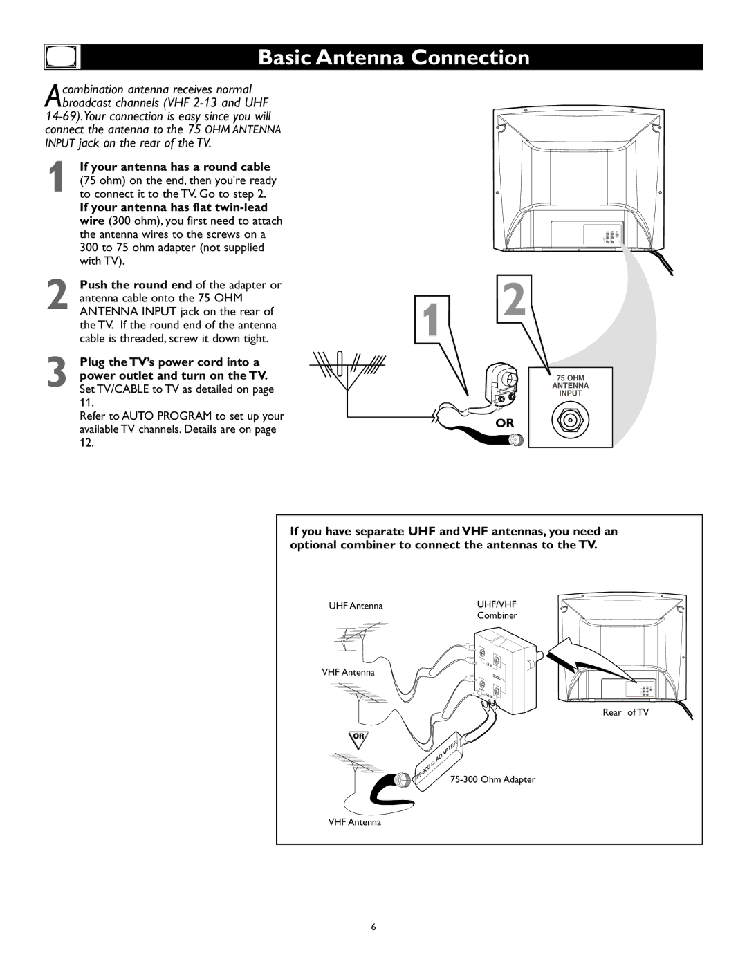 Magnavox 27MS343S owner manual Basic Antenna Connection, If your antenna has a round cable 