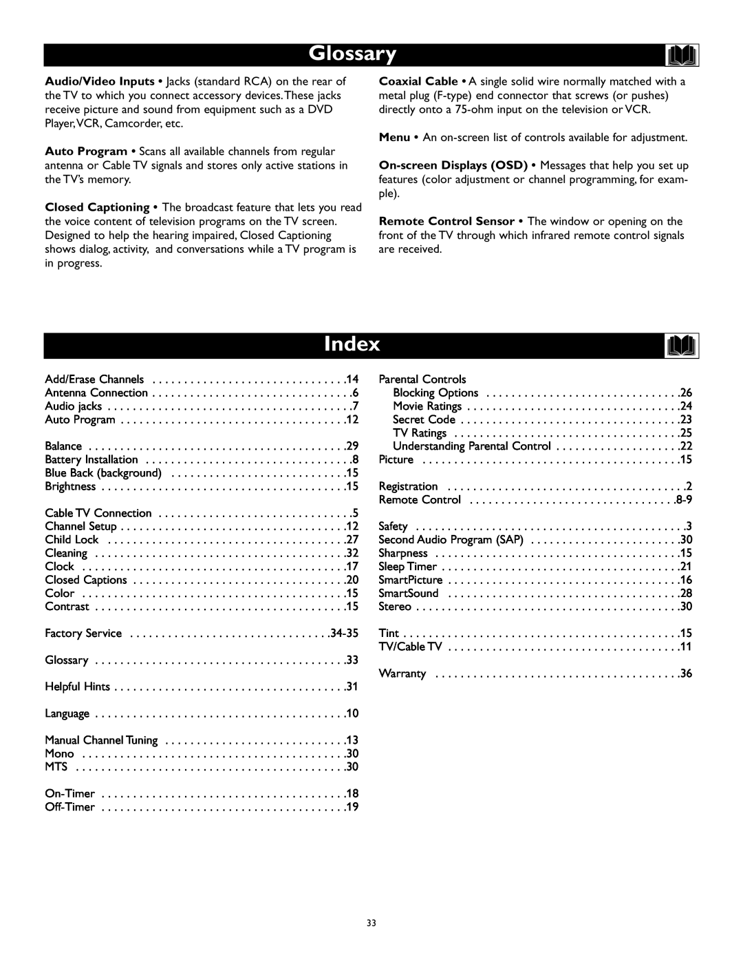 Magnavox 27MS343S owner manual Glossary, Index 