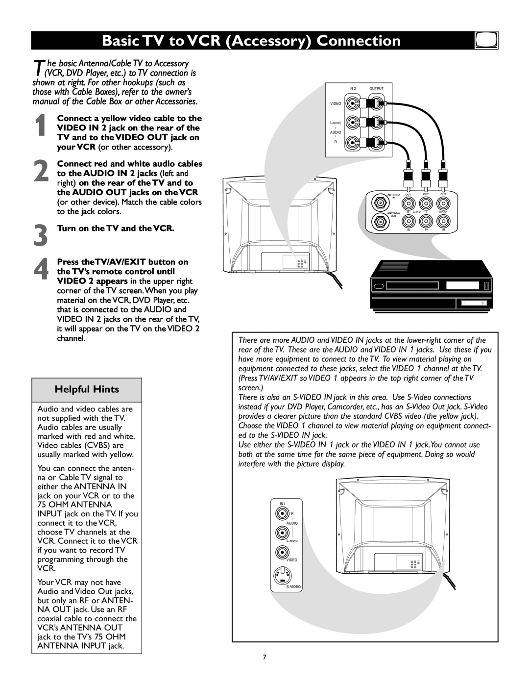 Magnavox 27MS343S owner manual Basic TV to VCR Accessory Connection, Helpful Hints, Turn on the TV and the VCR 