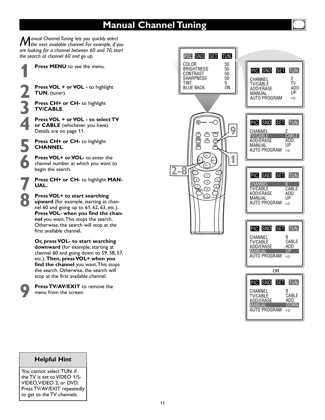 Magnavox 27MS345S owner manual Manual Channel Tuning, Ual 