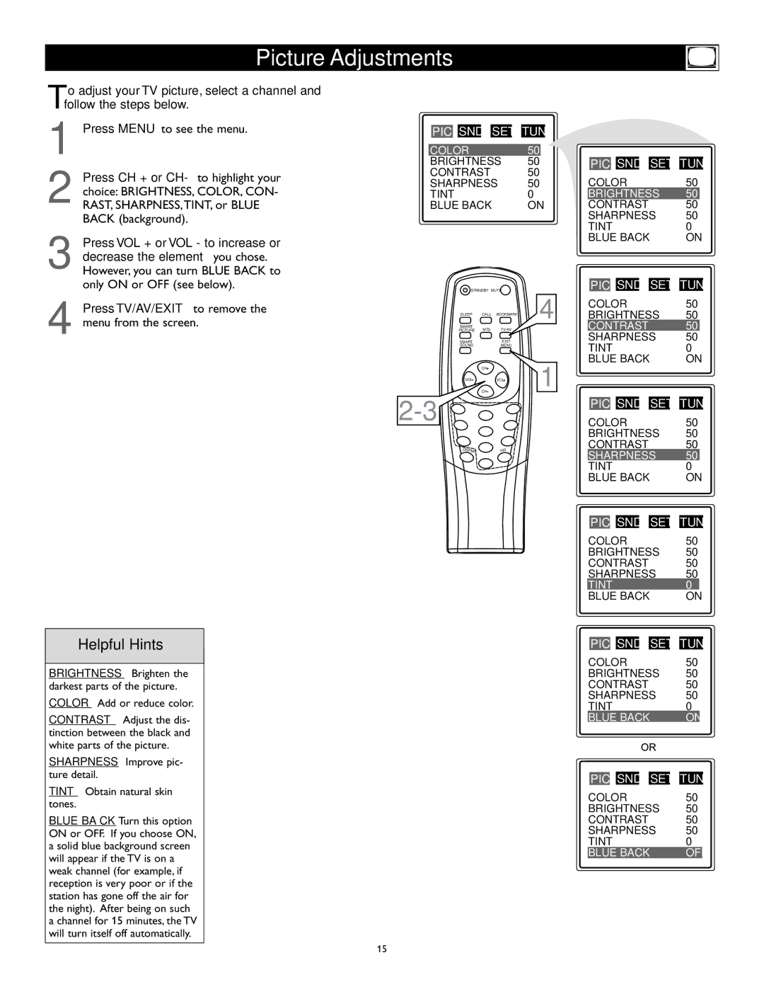 Magnavox 27MS345S owner manual Picture Adjustments, Color 