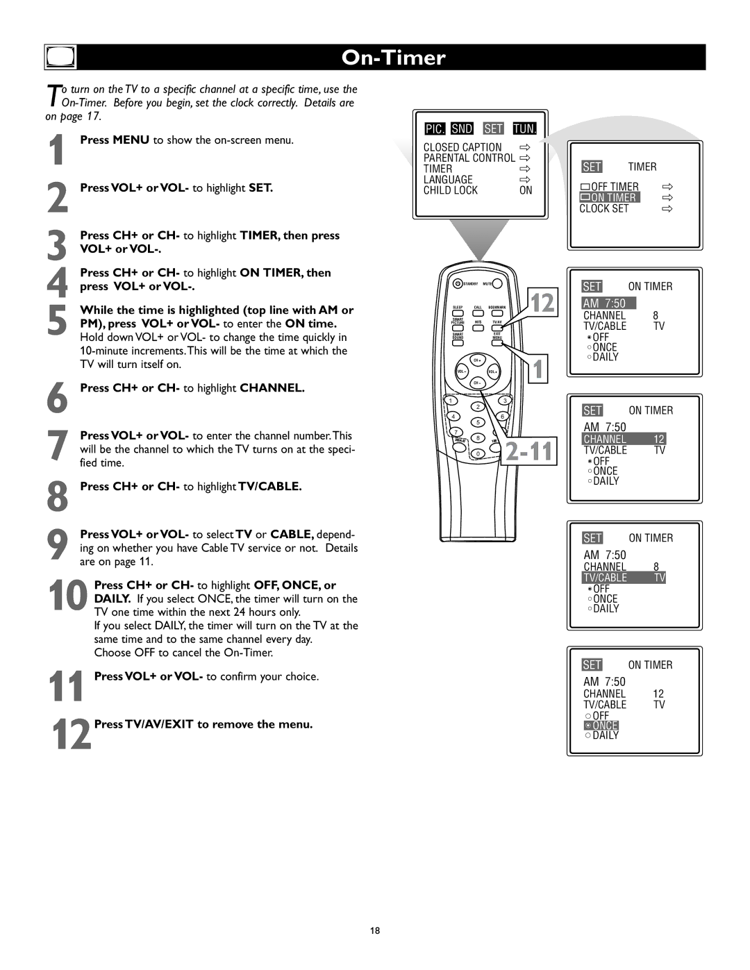 Magnavox 27MS345S owner manual On-Timer, 12Press TV/AV/EXIT to remove the menu 