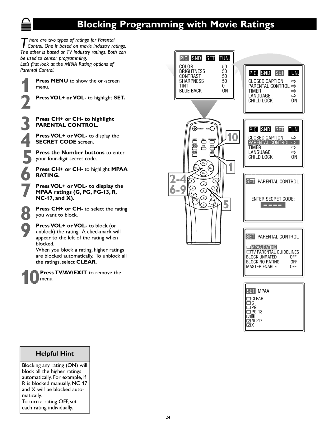 Magnavox 27MS345S owner manual Blocking Programming with Movie Ratings 