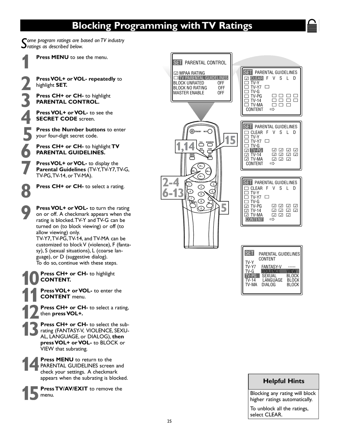 Magnavox 27MS345S owner manual Blocking Programming with TV Ratings, 10Press CH+ or CH- to highlight, Content 