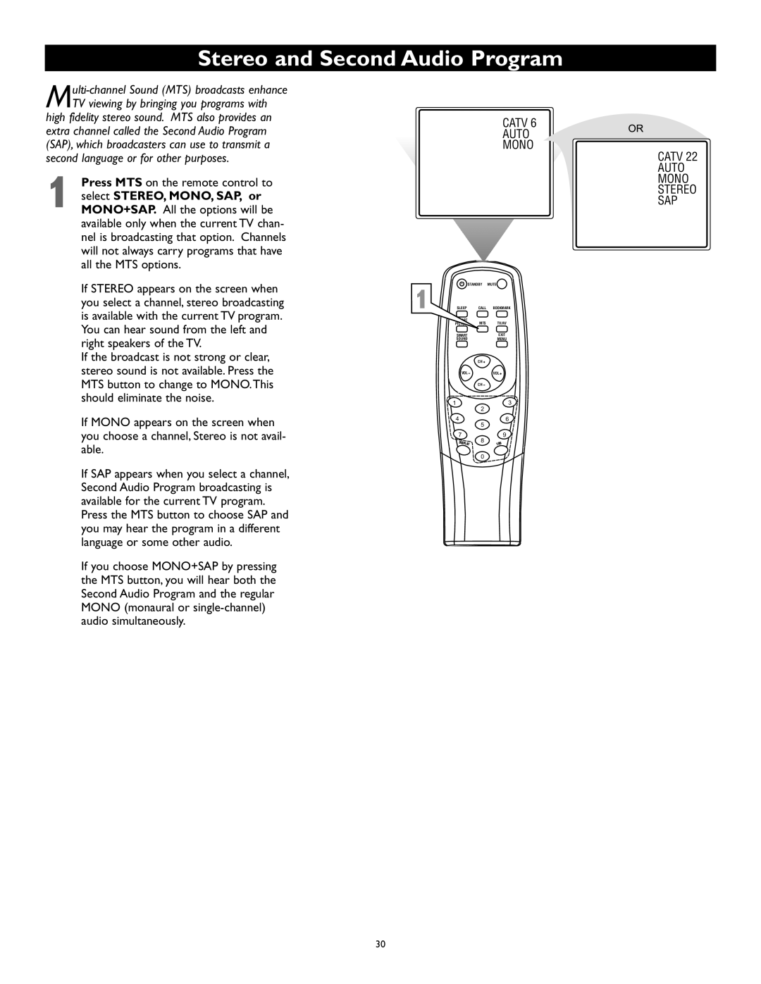 Magnavox 27MS345S owner manual Stereo and Second Audio Program, Catv Auto Mono 