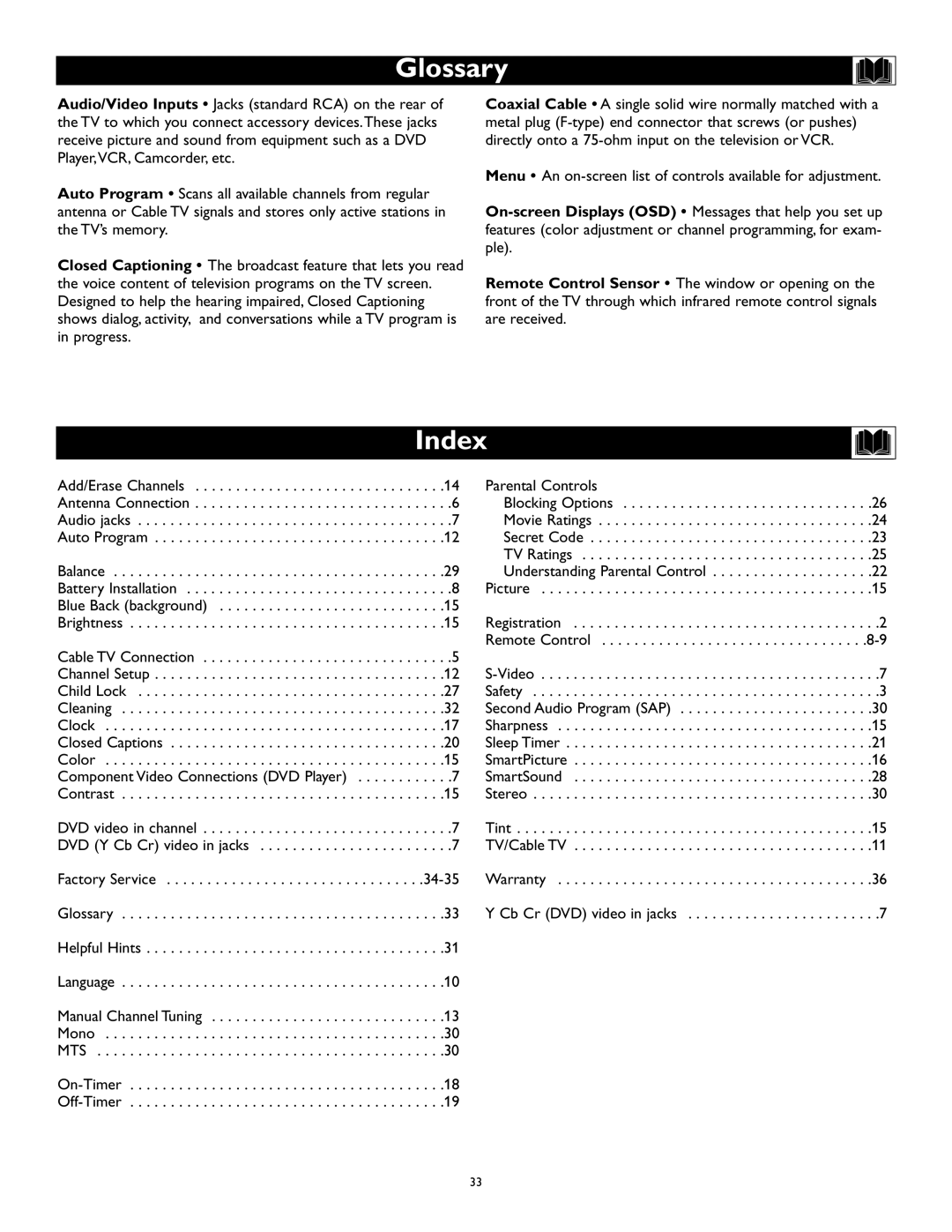 Magnavox 27MS345S owner manual Glossary, Index 