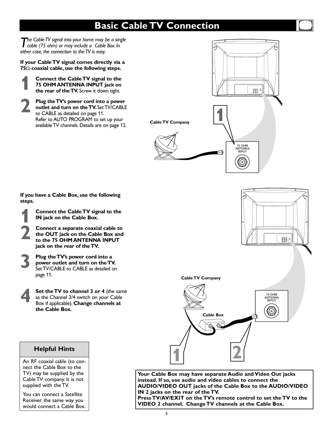 Magnavox 27MS345S owner manual Basic Cable TV Connection, Either case, the connection to the TV is easy 