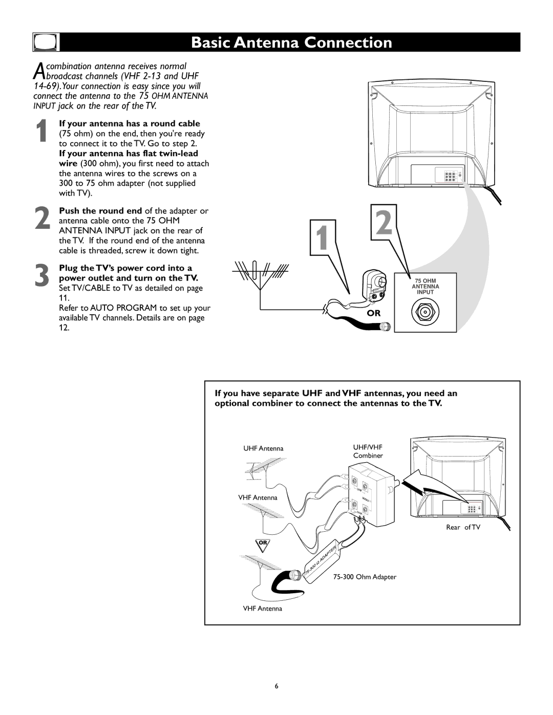 Magnavox 27MS345S owner manual Basic Antenna Connection, If your antenna has a round cable 