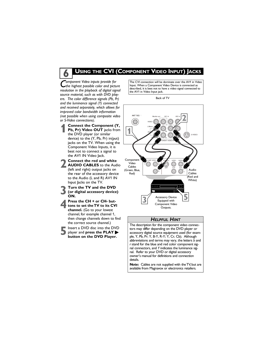 Magnavox 27MS4504 Using the CVI Component Video Input Jacks, 3Turn the TV and the DVD or digital accessory device on 