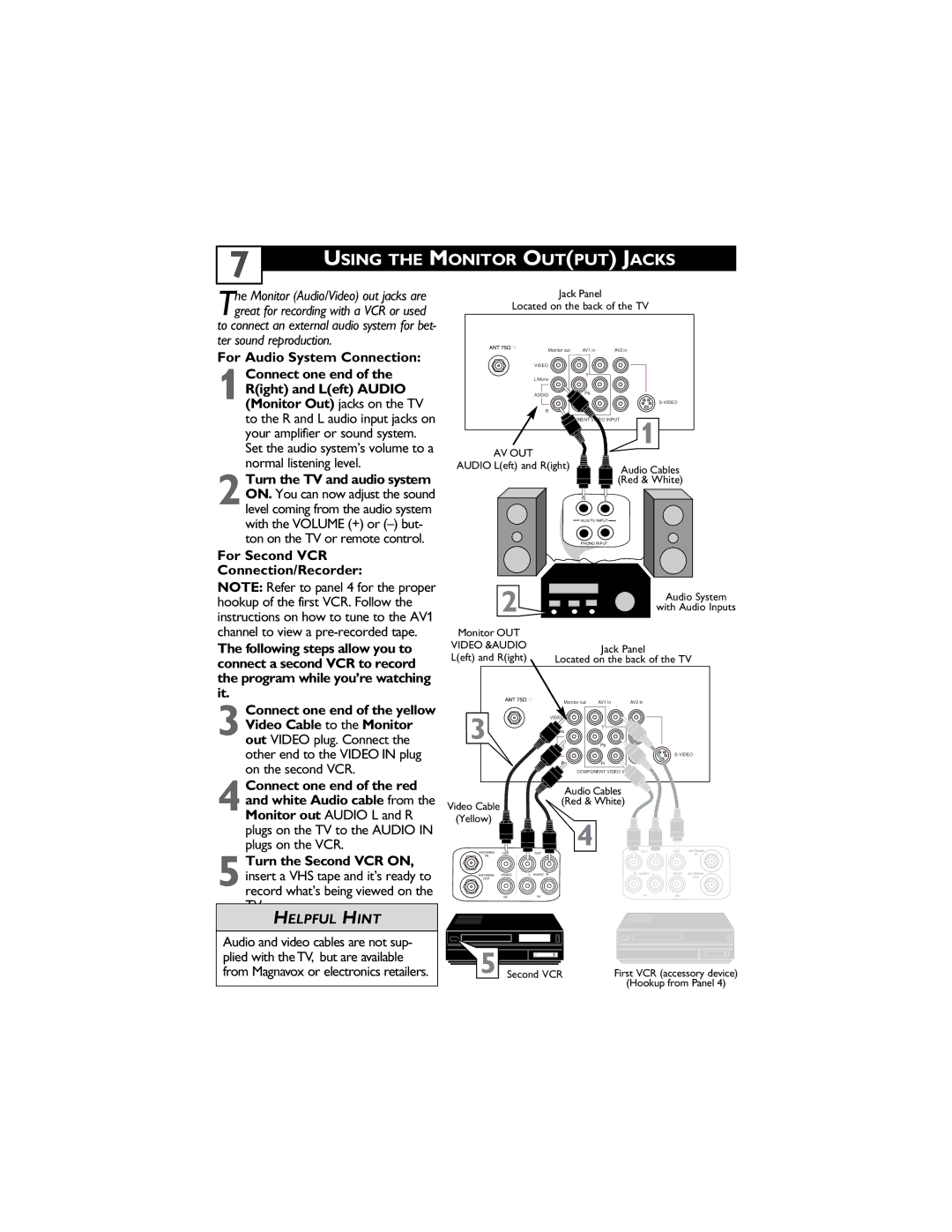 Magnavox 27MS4504 user manual Using the Monitor Output Jacks, For Audio System Connection 