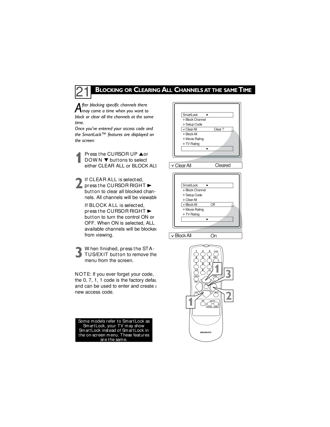 Magnavox 27MS4504 Blocking or Clearing ALL Channels AT the Same Time, Press the Cursor UP 5or Down buttons to select 