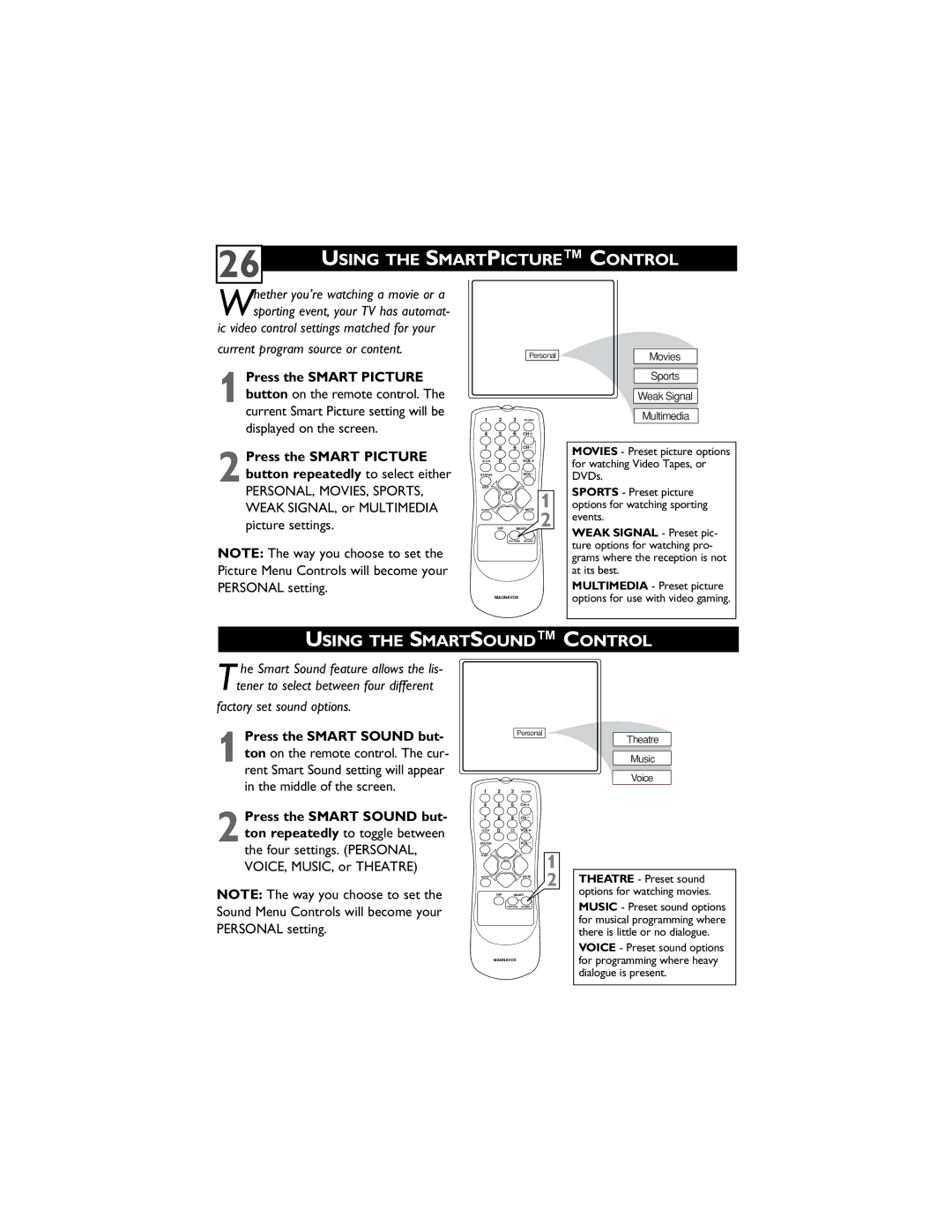 Magnavox 27MS4504 user manual Using the Smartpicture Control, Using the Smartsound Control, Press the Smart Picture 