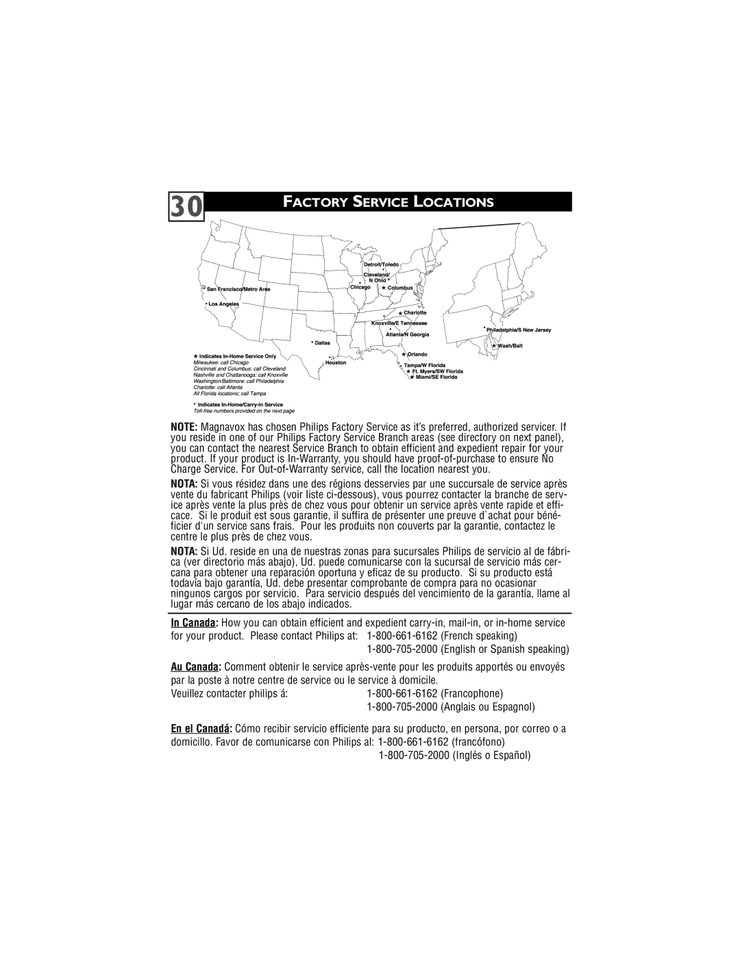 Magnavox 27MS4504 user manual Factory Service Locations 