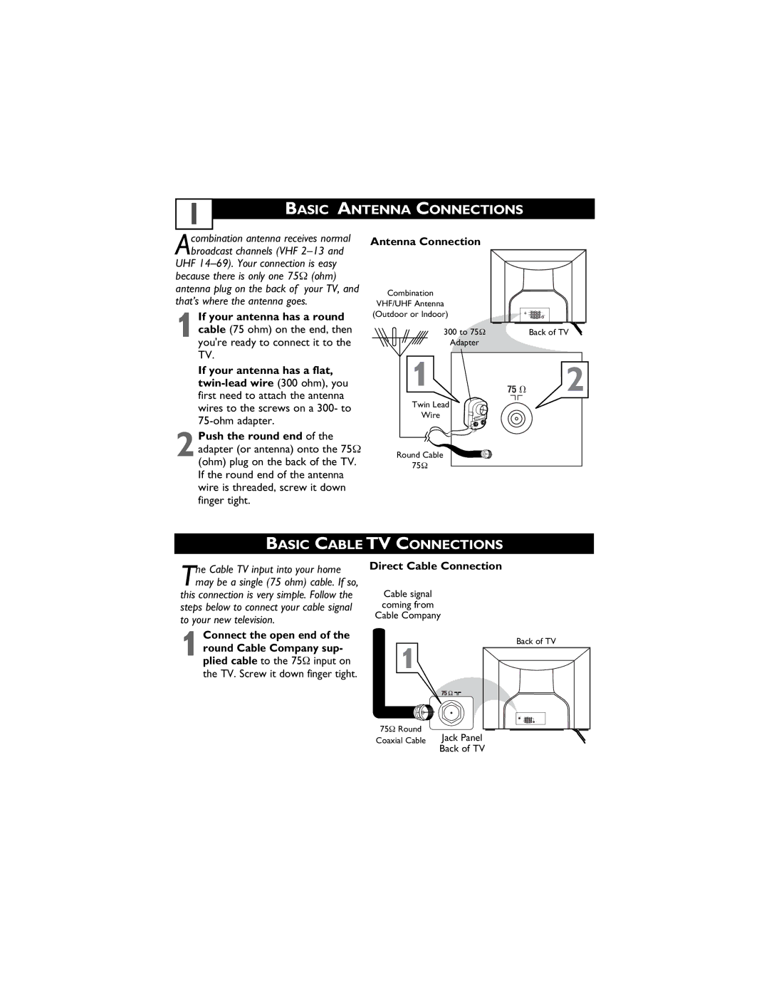 Magnavox 27MS4504 user manual Basic Antenna Connections, Basic Cable TV Connections, Ohm adapter, Direct Cable Connection 