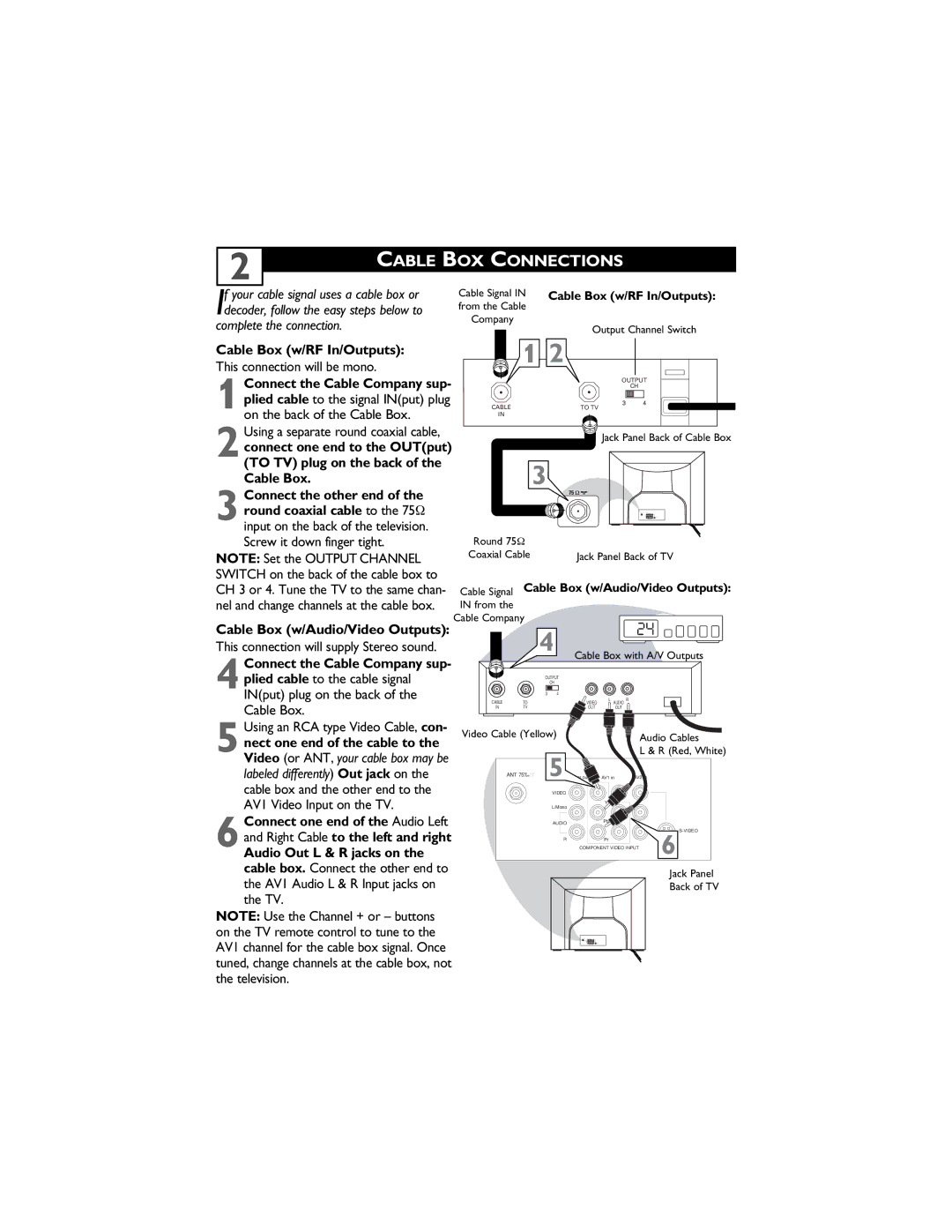 Magnavox 27MS4504 user manual Cable BOX Connections, Cable Box w/RF In/Outputs, This connection will be mono 