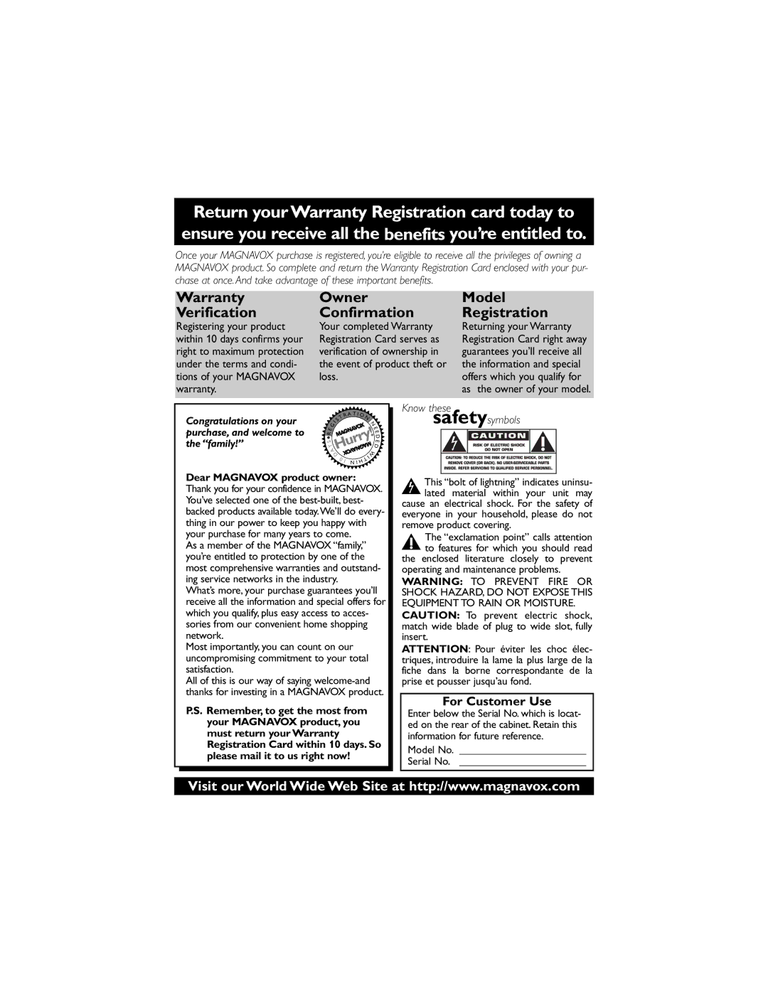 Magnavox 27MS4504R user manual Right to maximum protection Verification of ownership, Tions of your Magnavox Loss, Warranty 