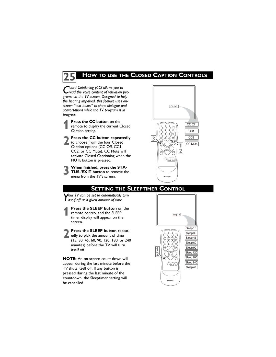 Magnavox 27MS4504R user manual HOW to USE the Closed Caption Controls, Setting the Sleeptimer Control 