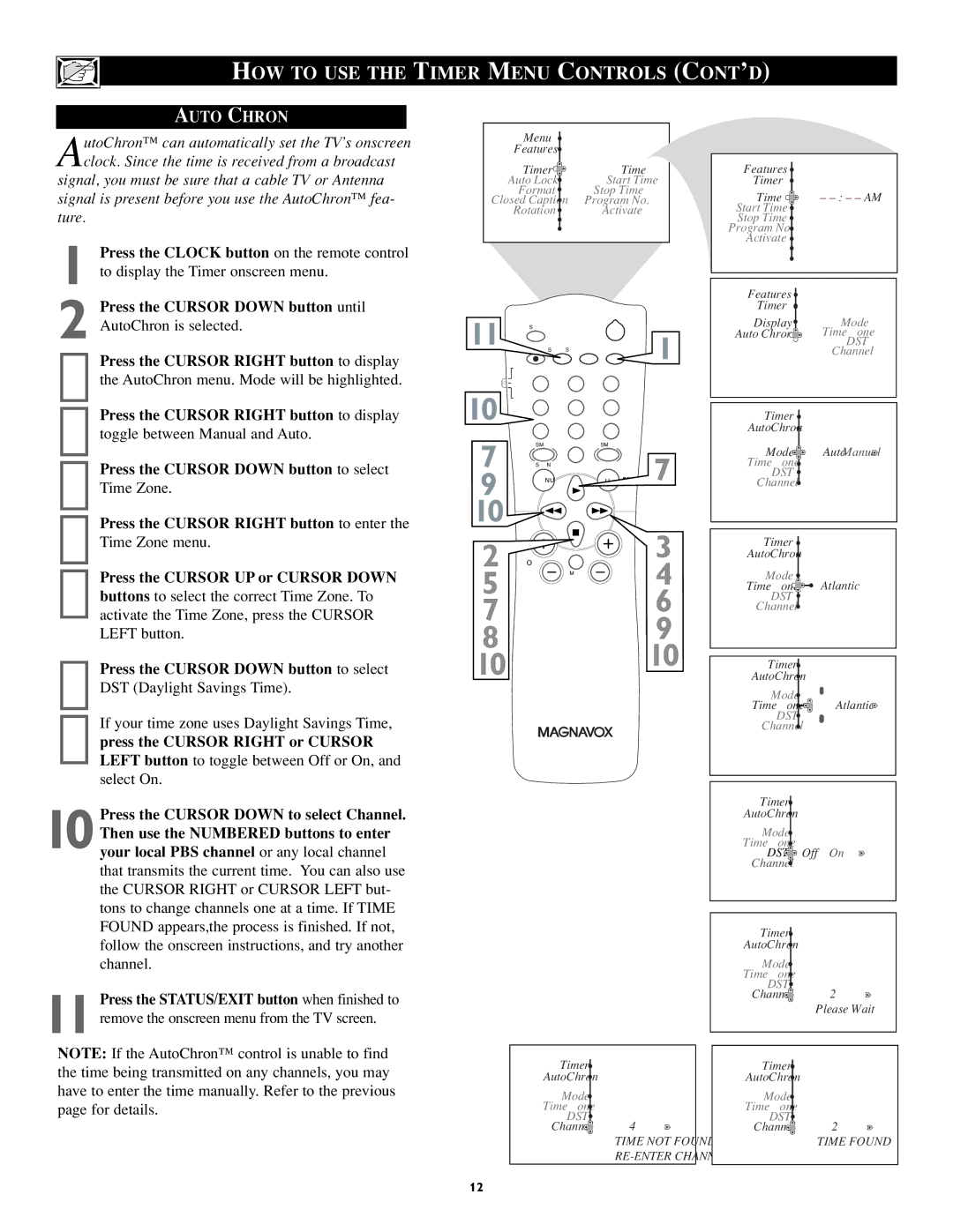 Magnavox 27MS5402/17 user manual HOW to USE the Timer Menu Controls CONT’D, Auto Chron 