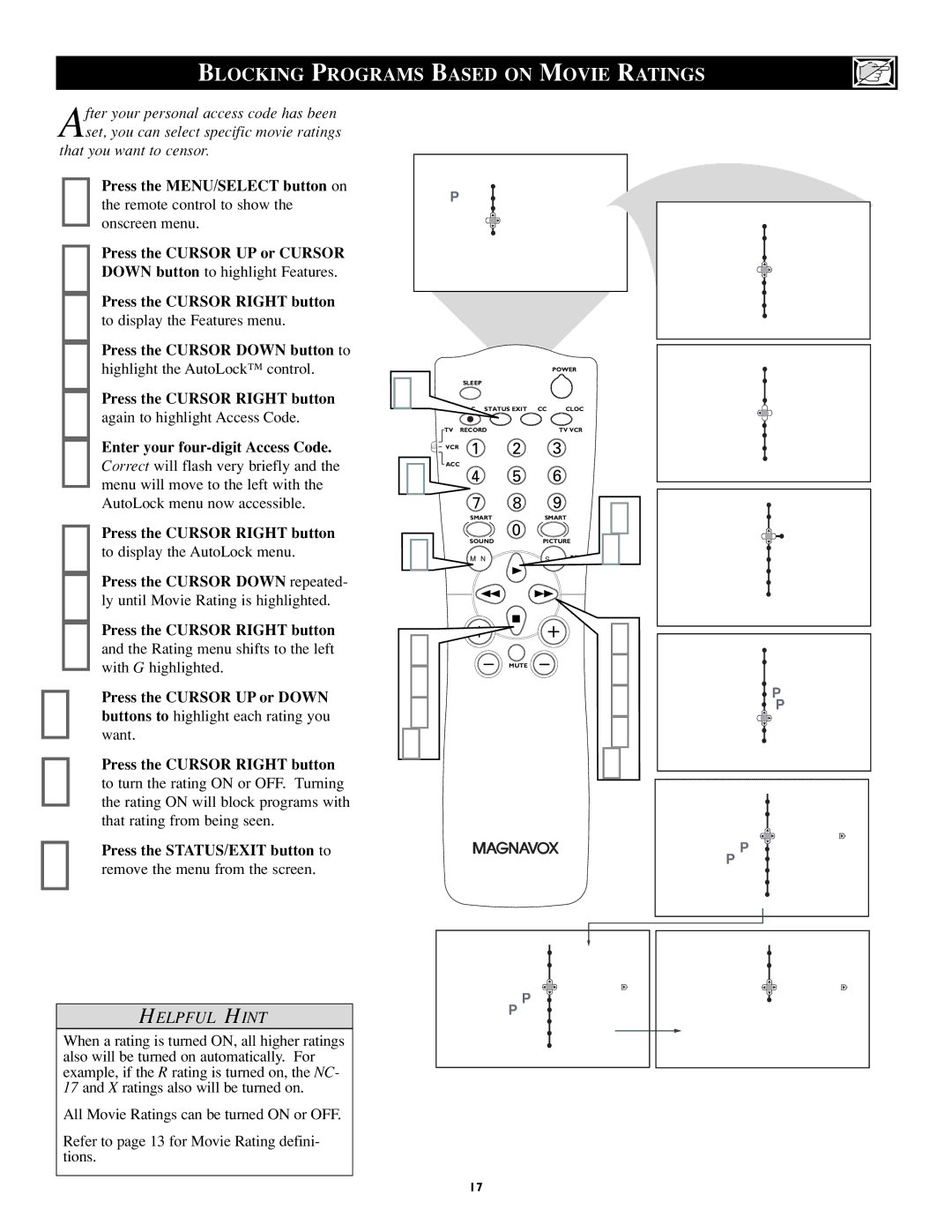 Magnavox 27MS5402/17 user manual Blocking Programs Based on Movie Ratings 