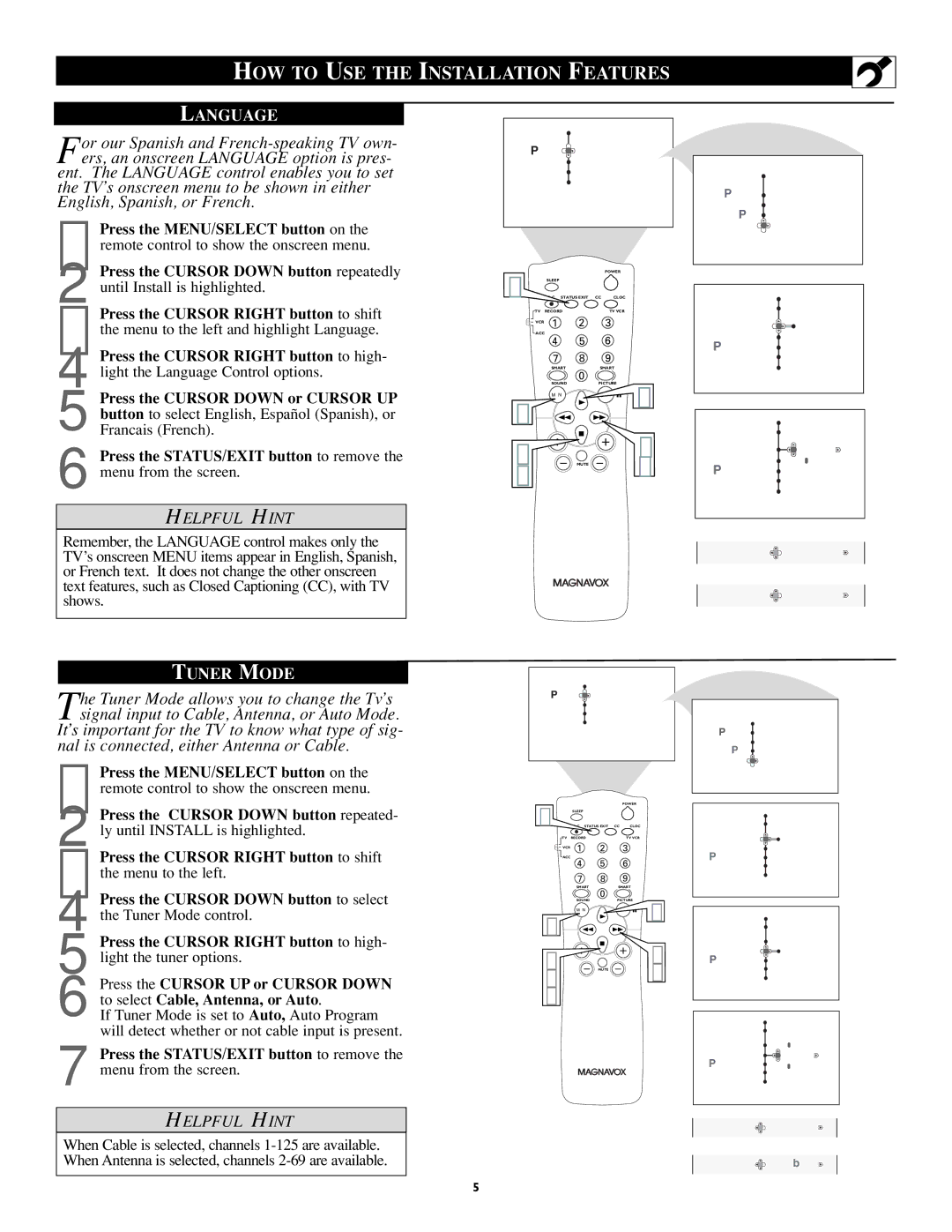 Magnavox 27MS5402/17 user manual HOW to USE the Installation Features, Language, Tuner Mode 