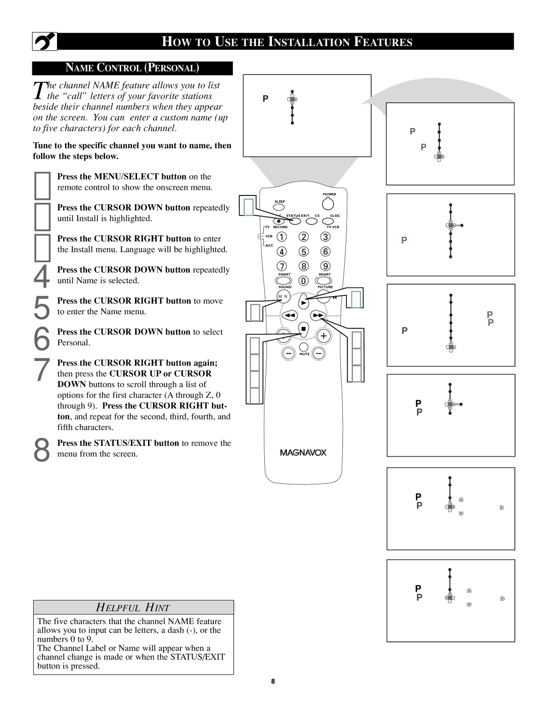 Magnavox 27MS5402/17 user manual To five characters for each channel, Name Control Personal 