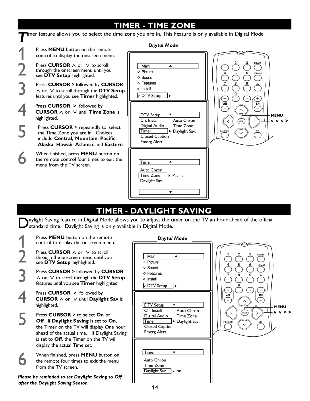 Magnavox 27MT6005D, 27MT5005D, 32MT6015D, 32MT5015D manual Timer Time Zone, Timer Daylight Saving 