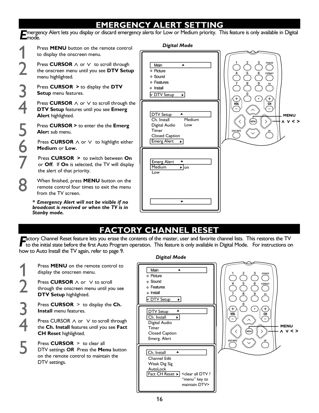 Magnavox 27MT5005D, 32MT6015D, 27MT6005D, 32MT5015D manual Emergency Alert Setting, Factory Channel Reset, Medium or Low 