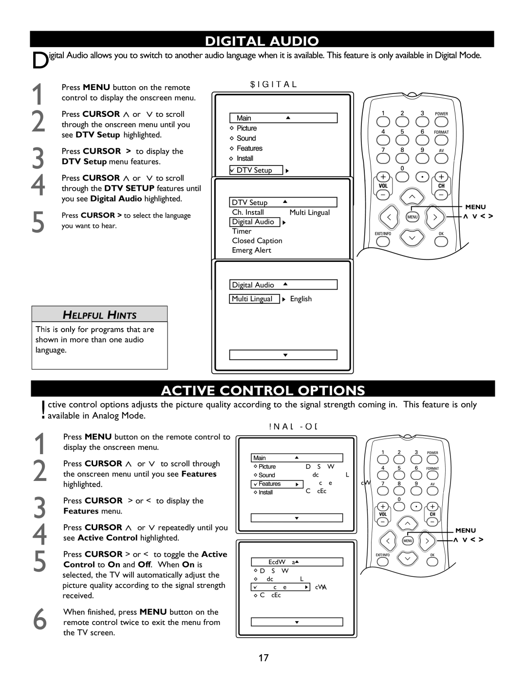 Magnavox 32MT6015D, 27MT5005D Digital Audio, Active Control Options, Shown in more than one audio language, Features menu 