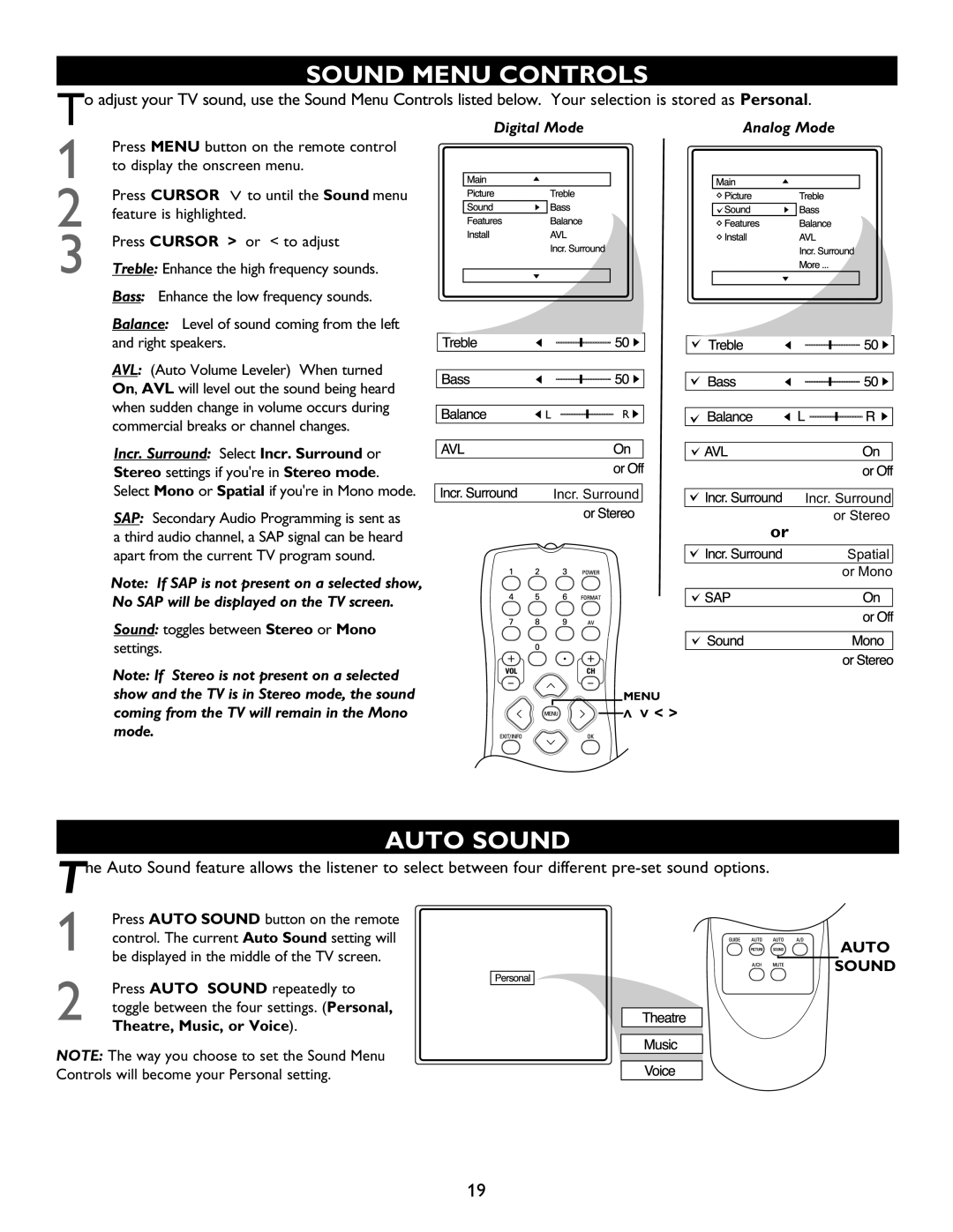 Magnavox 32MT5015D, 27MT5005D, 32MT6015D Sound Menu Controls, Auto Sound, Sound toggles between Stereo or Mono Settings 