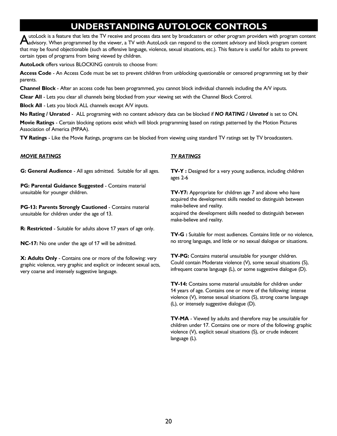 Magnavox 27MT5005D, 32MT6015D, 27MT6005D Understanding Autolock Controls, PG Parental Guidance Suggested Contains material 