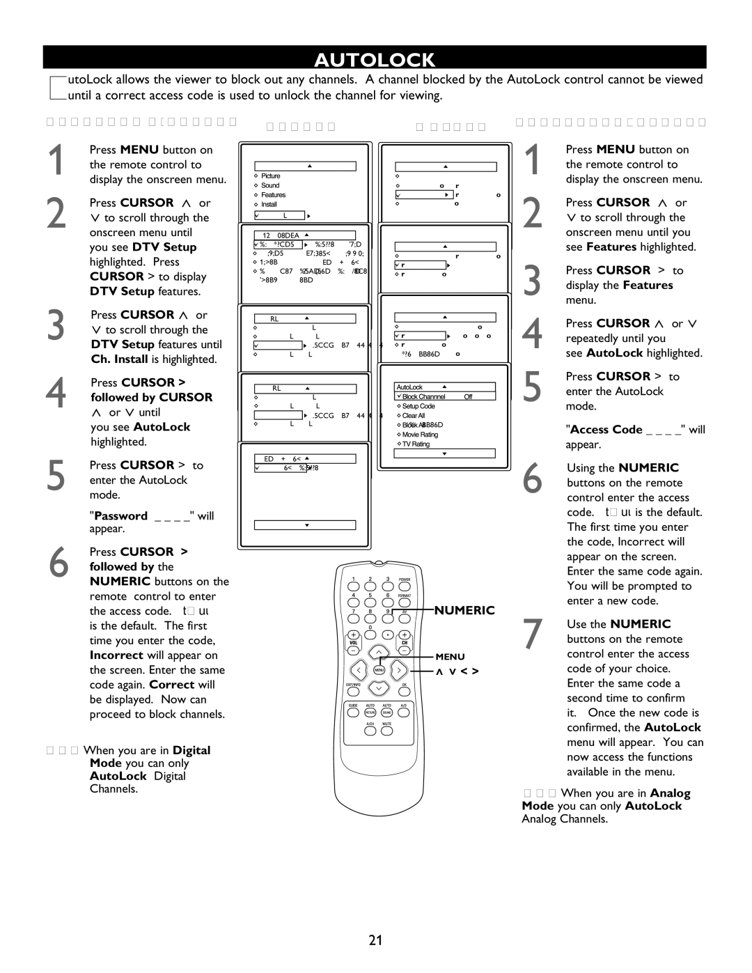 Magnavox 32MT6015D, 27MT5005D, 27MT6005D Autolock, Follow these steps for Digital Mode, Follow these steps for Analog mode 