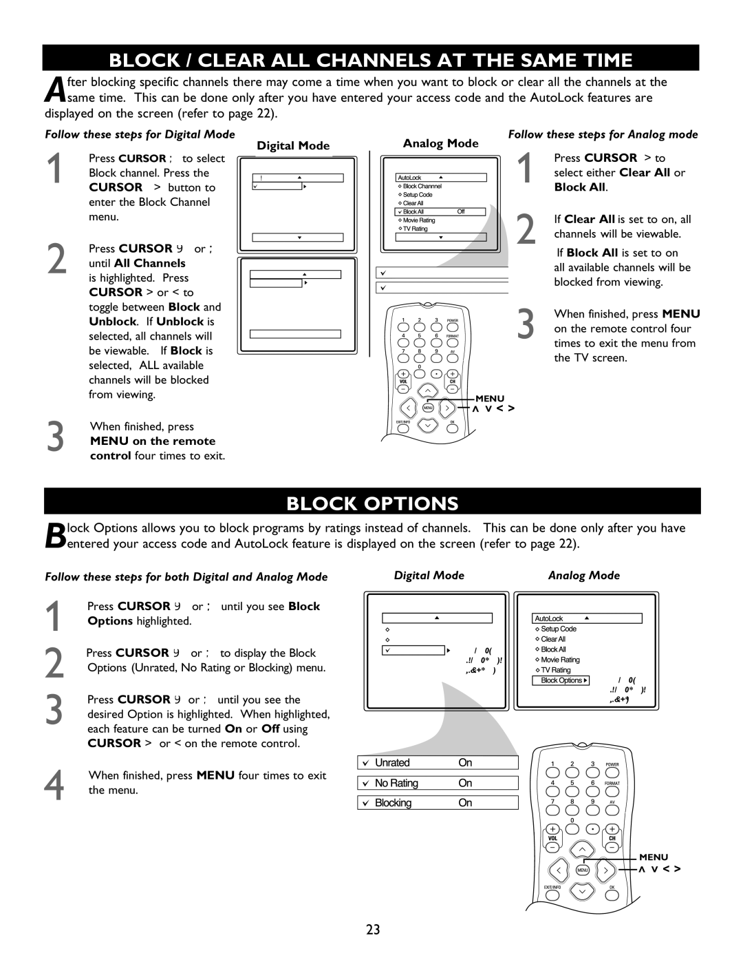 Magnavox 32MT5015D, 27MT5005D, 32MT6015D, 27MT6005D manual Block / Clear ALL Channels AT the Same Time, Block Options 