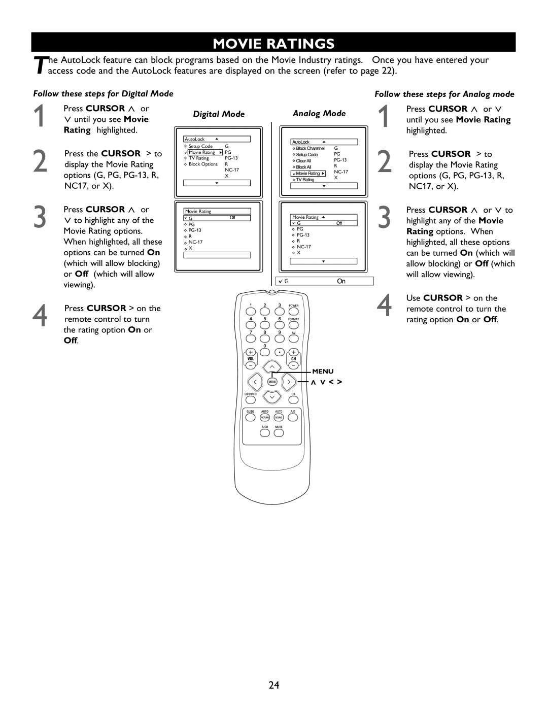 Magnavox 27MT5005D, 32MT6015D, 27MT6005D, 32MT5015D manual Movie Ratings, Off 