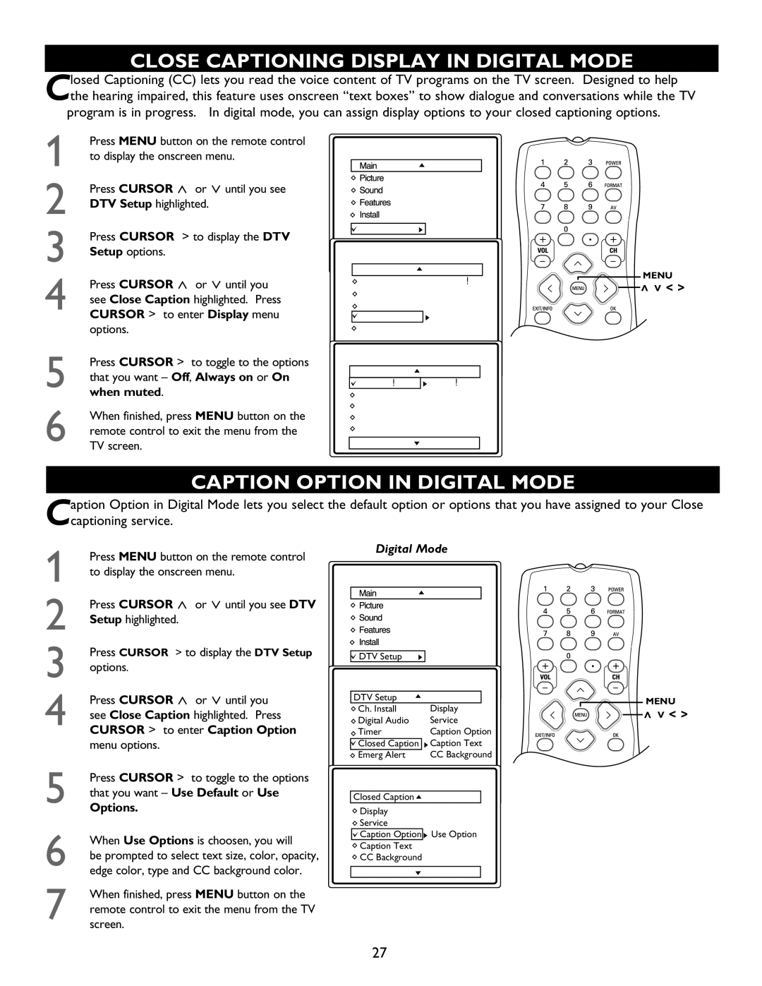 Magnavox 32MT5015D manual Close Captioning Display in Digital Mode, Caption Option in Digital Mode, When muted, Options 