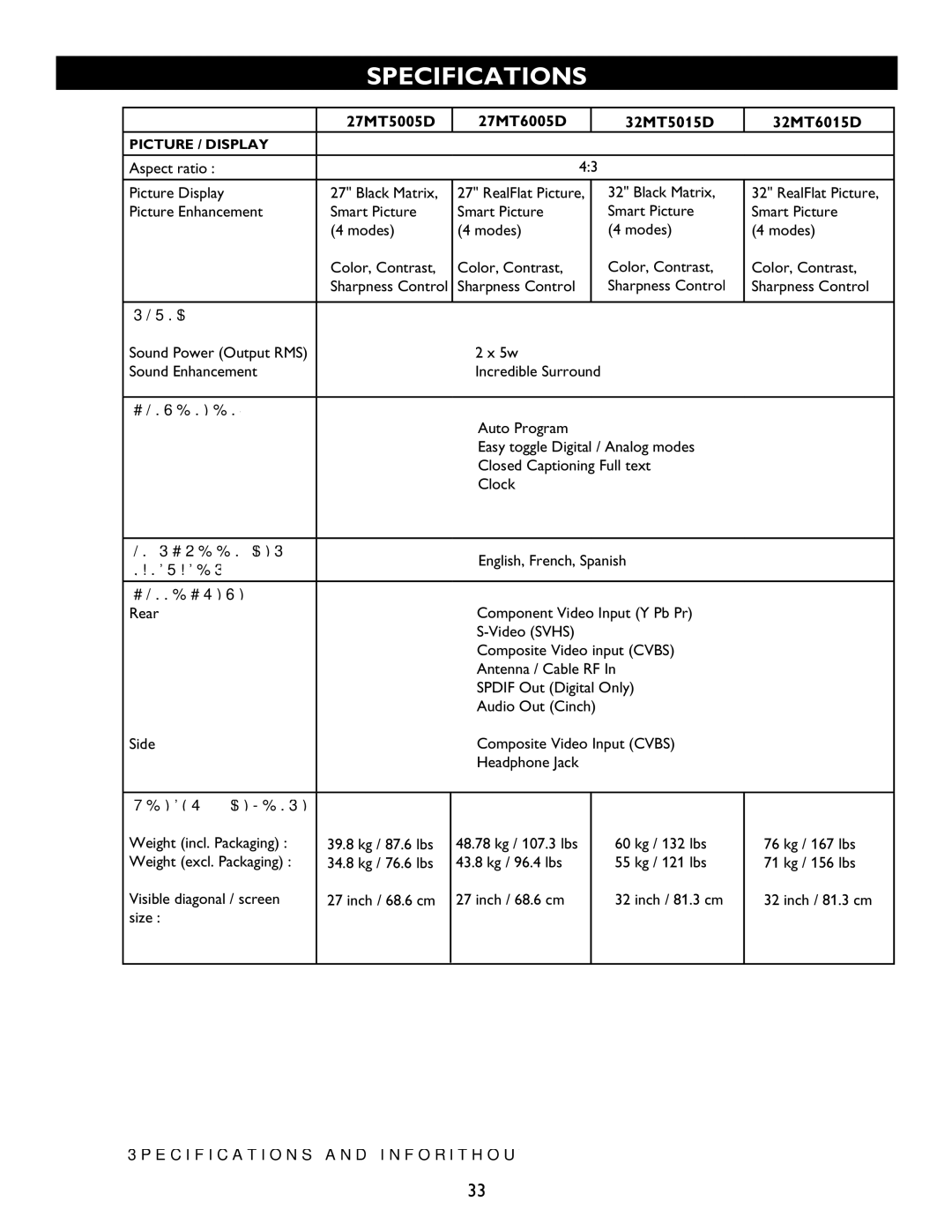 Magnavox manual Specifications, 27MT5005D 27MT6005D 32MT5015D 32MT6015D, English, French, Spanish, Size 