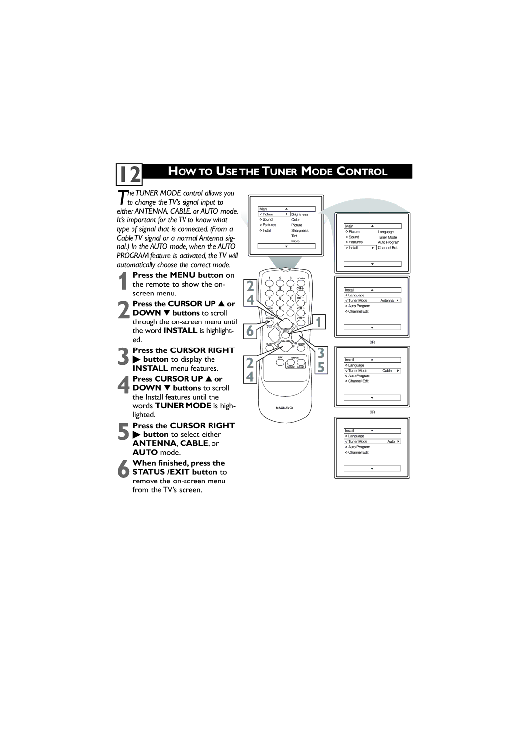 Magnavox 27MT5405/17 user manual HOW to USE the Tuner Mode Control,  button to select either ANTENNA, CABLE, or Auto mode 