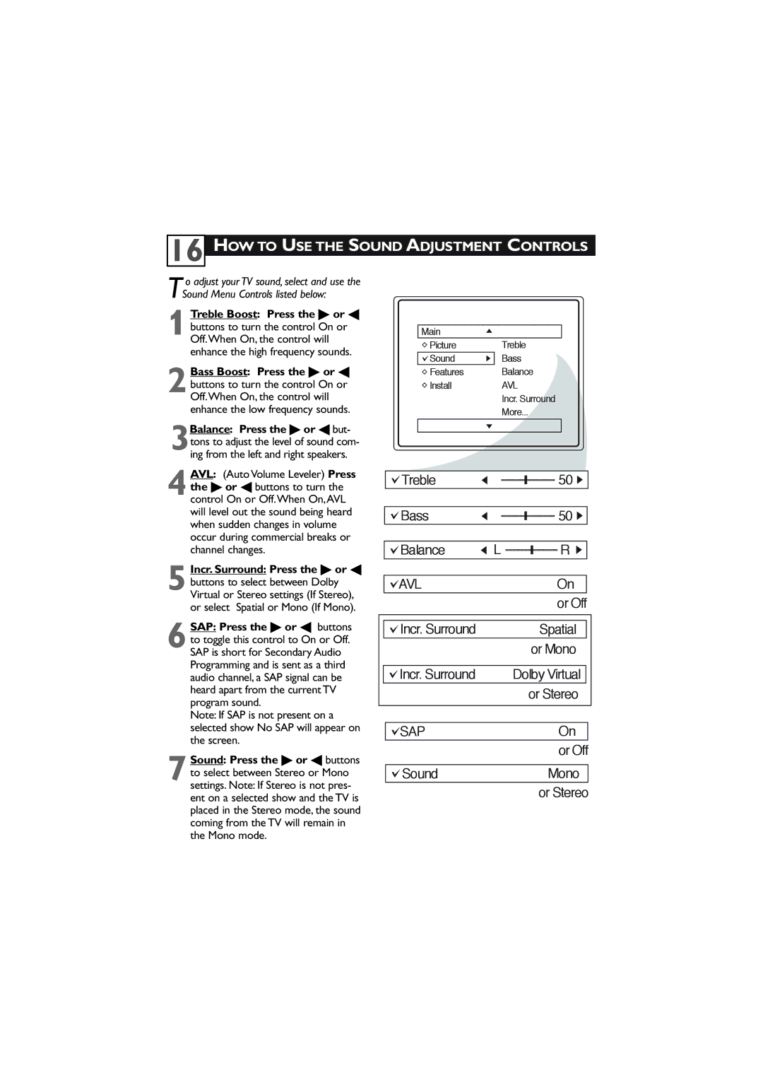 Magnavox 27MT5405/17 user manual HOW to USE the Sound Adjustment Controls, 5Incr. Surround Press the  or  