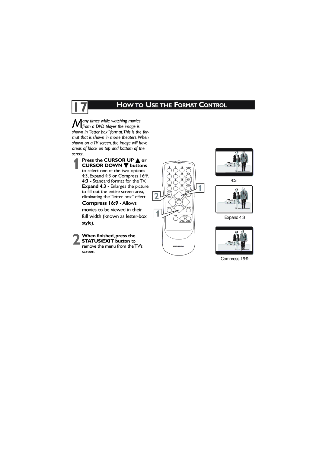 Magnavox 27MT5405/17 user manual HOW to USE the Format Control, Compress 169 Allows 