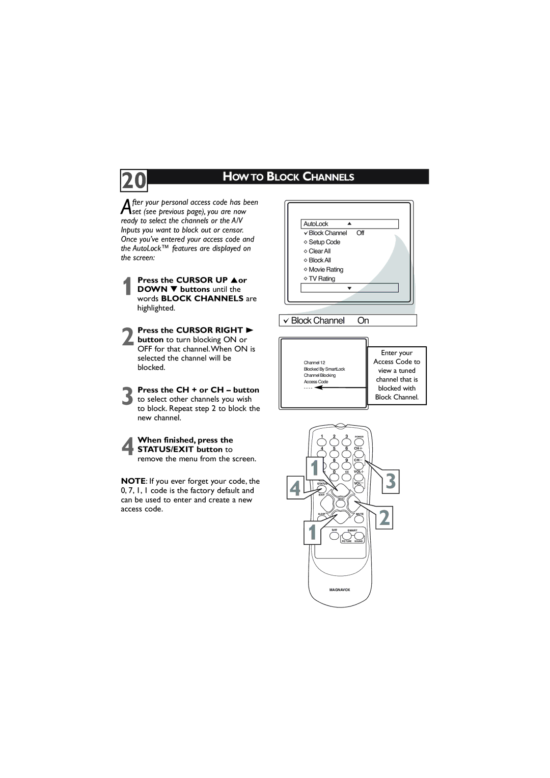 Magnavox 27MT5405/17 user manual HOW to Block Channels, Block Channel On 