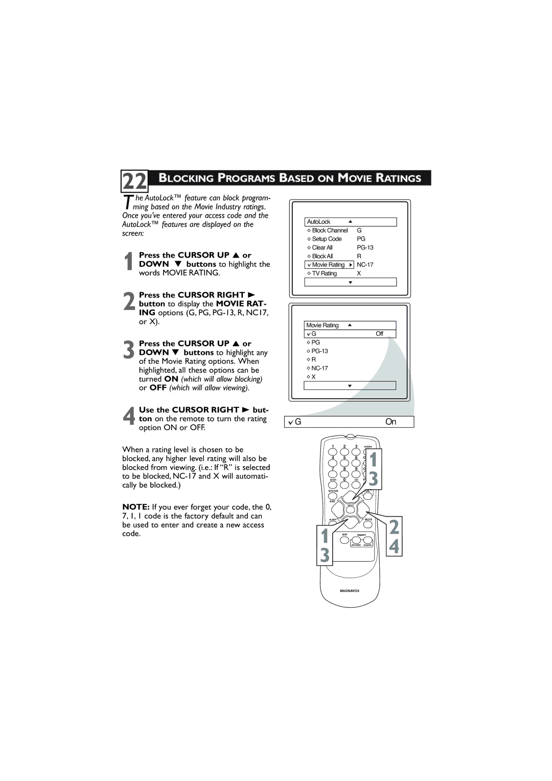 Magnavox 27MT5405/17 user manual Blocking Programs Based on Movie Ratings 