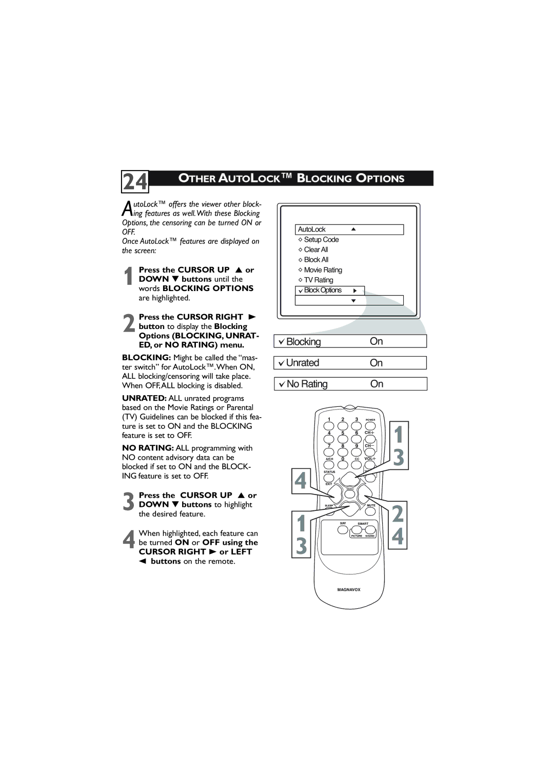 Magnavox 27MT5405/17 user manual Other Autolock Blocking Options, When OFF,ALL blocking is disabled, Buttons on the remote 