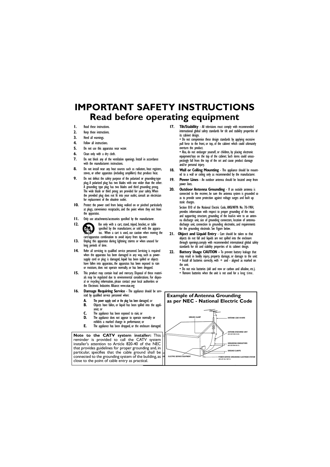 Magnavox 27MT5405/17 user manual Example of Antenna Grounding, As per NEC National Electric Code 