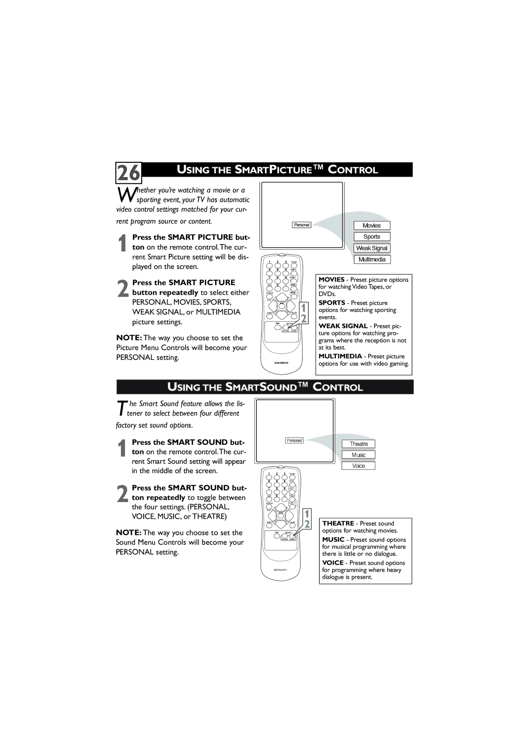 Magnavox 27MT5405/17 user manual Using the Smartpicture Control, Using the Smartsound Control 