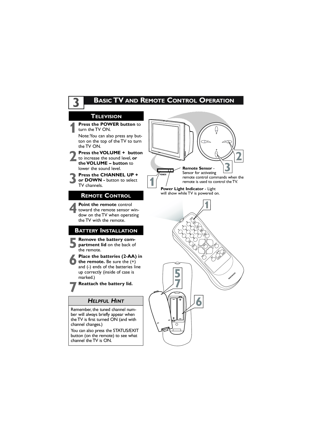 Magnavox 27MT5405/17 user manual Basic TV and Remote Control Operation, 1Press the Power button to turn the TV on 