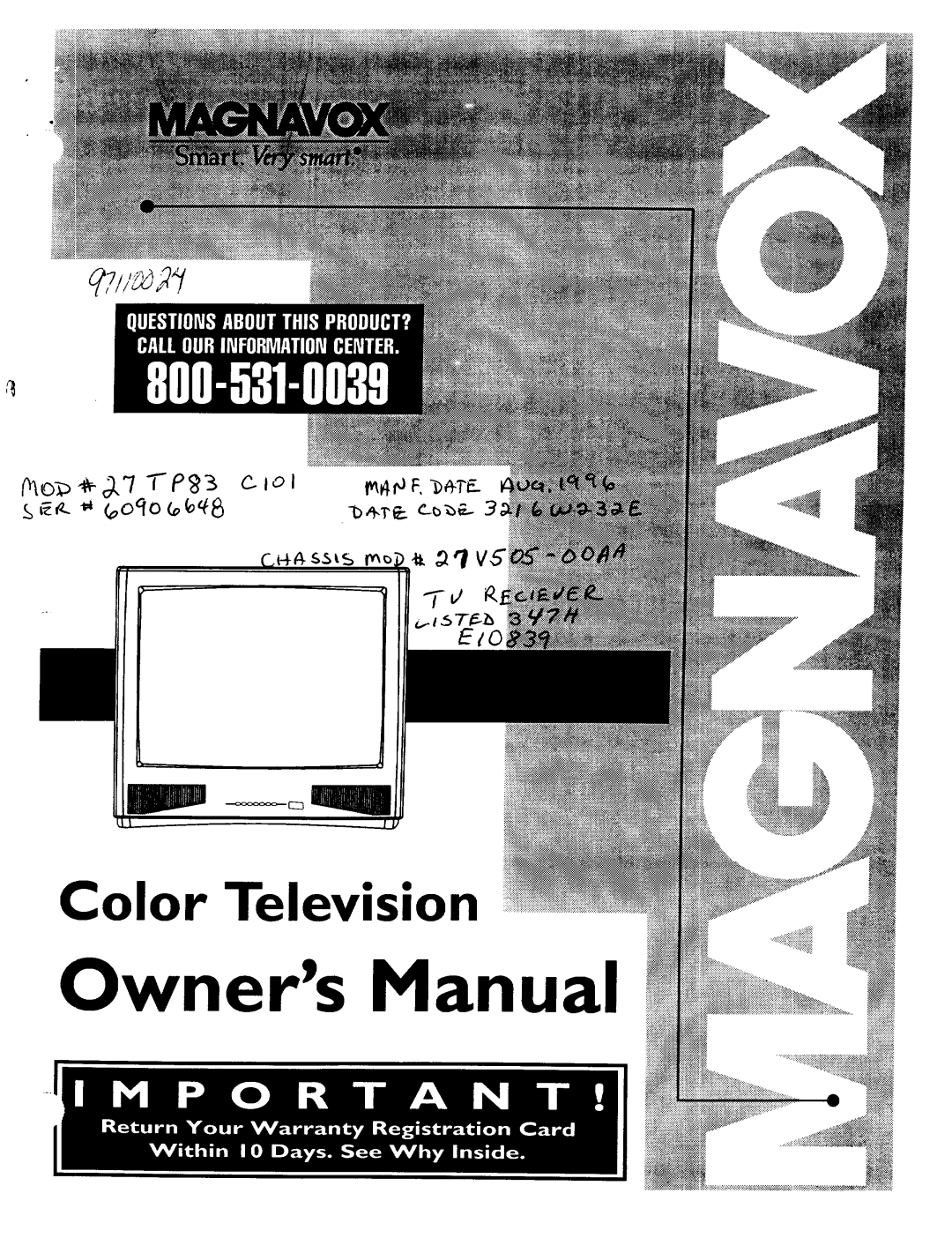 Magnavox 27TP83 C101 owner manual Color Television 