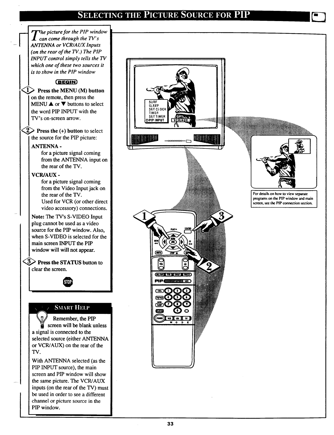 Magnavox 27TP83 C101 owner manual On the rear of the TV. The PIP, Press the + button to select 